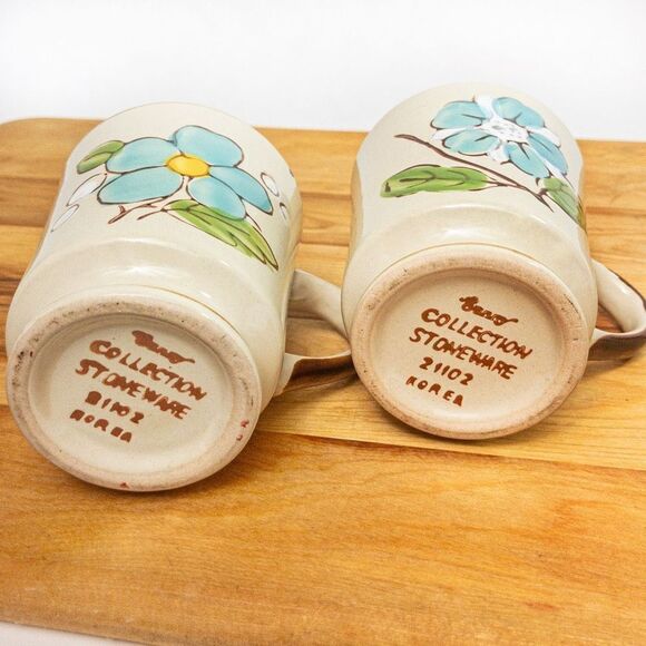 Pair Vintage Sunnycraft Sunny Collection Floral Stoneware Pedestal Coffee Mugs - Picture 4 of 8